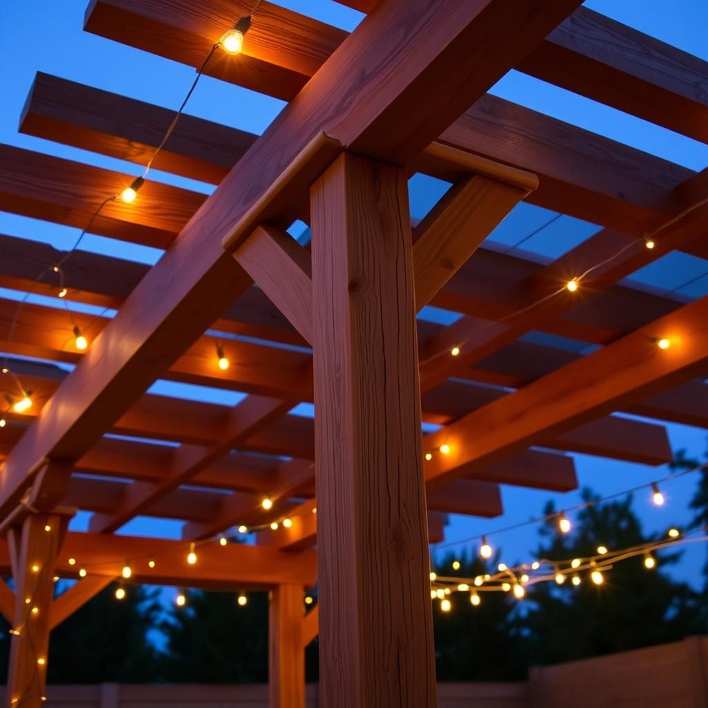 Rustic wooden pergola adorned with warm string lights, creating a cozy and inviting atmosphere for evening gatherings.