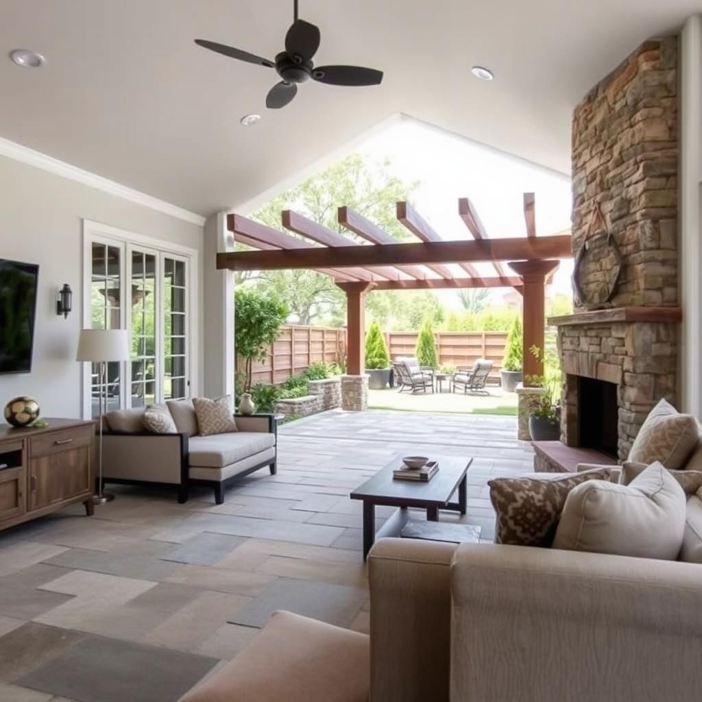 Seamless transition from living room to patio with pergola