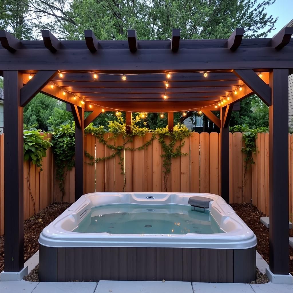 Small Backyard Pergola with Hot Tub and String Lights