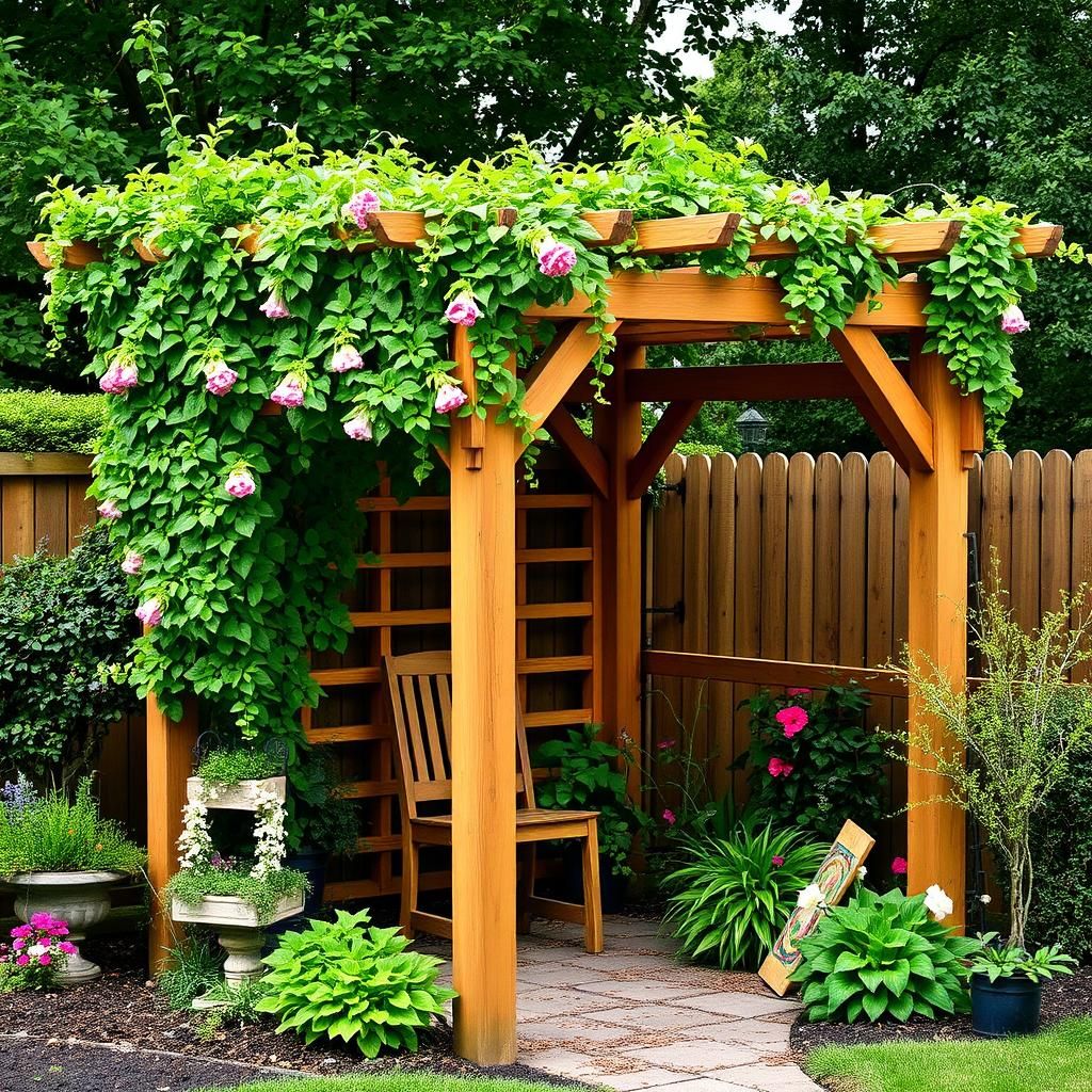 Compact pergola adorned with lush greenery