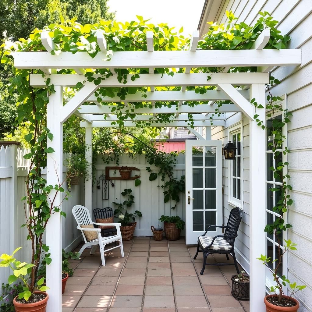 Small patio pergola adorned with lush climbing plants