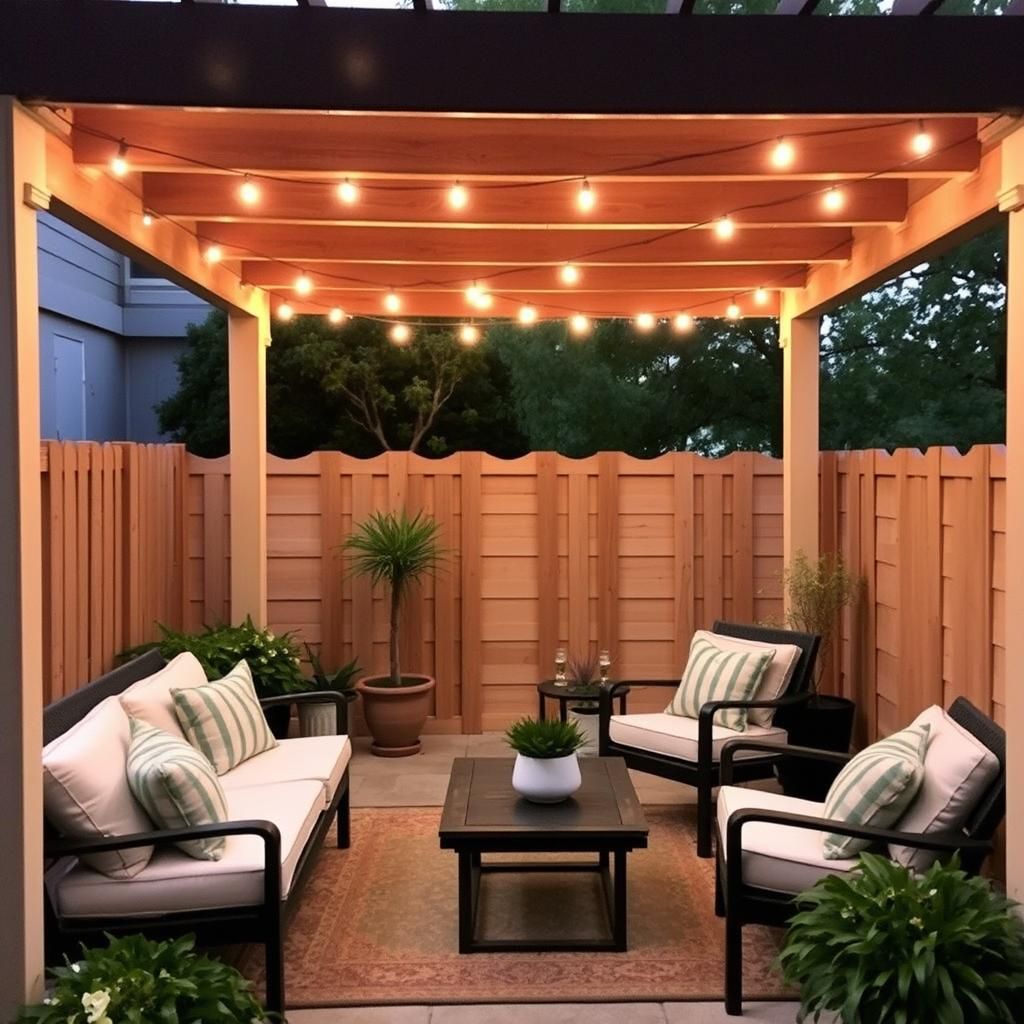 A beautifully lit small patio pergola with string lights and outdoor decor