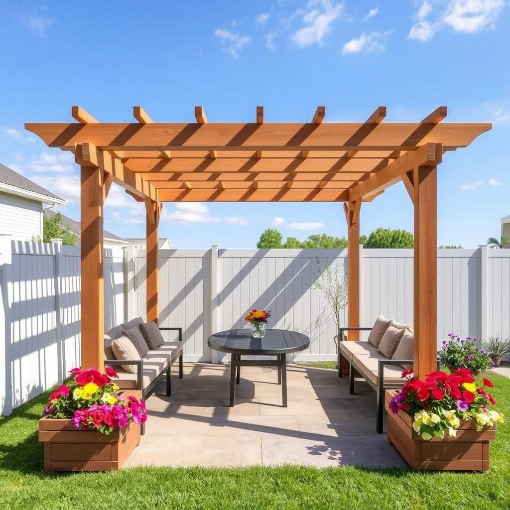 Small pergola with built-in seating and planters integrated into the design