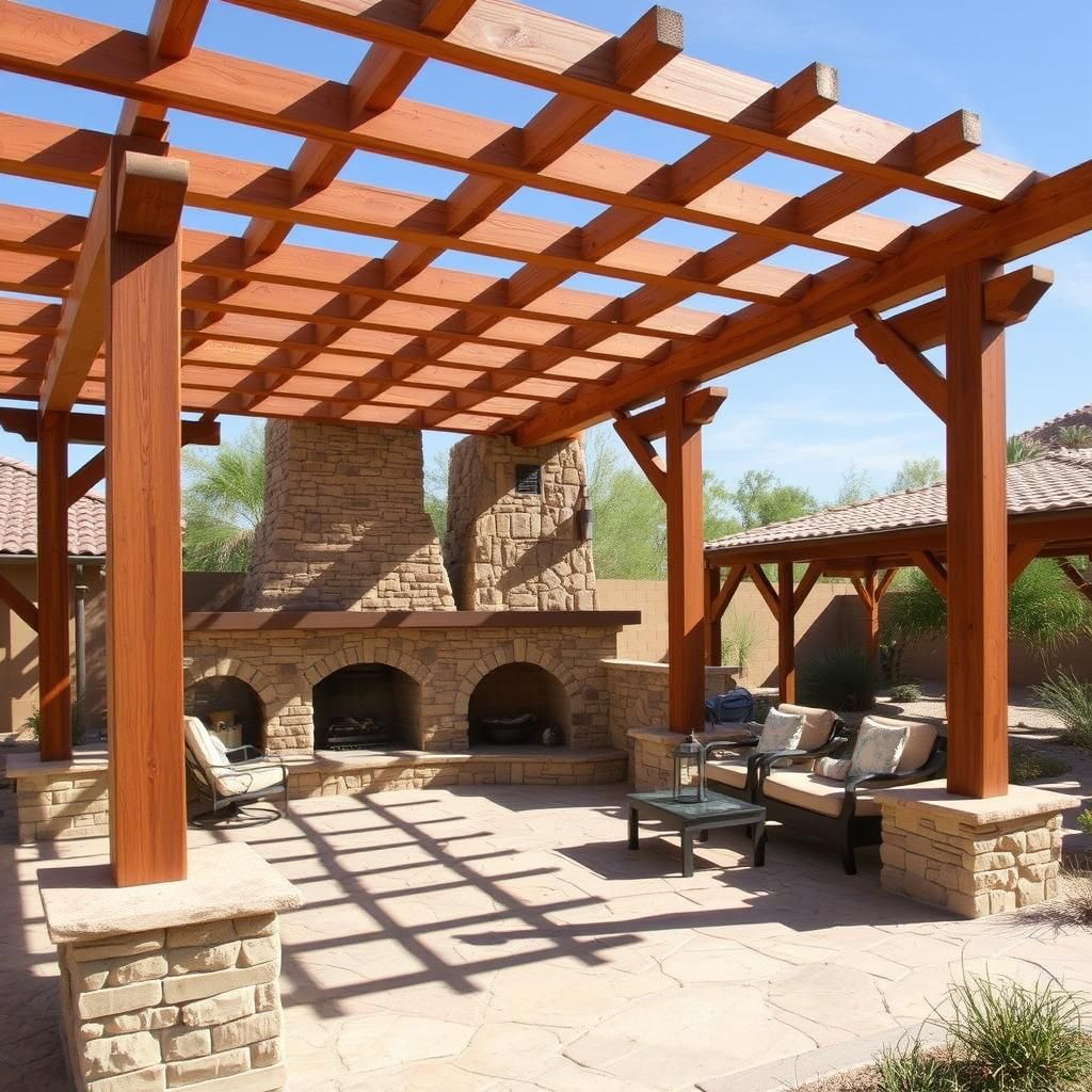 Southwestern Style Wooden Pergola with Fireplace