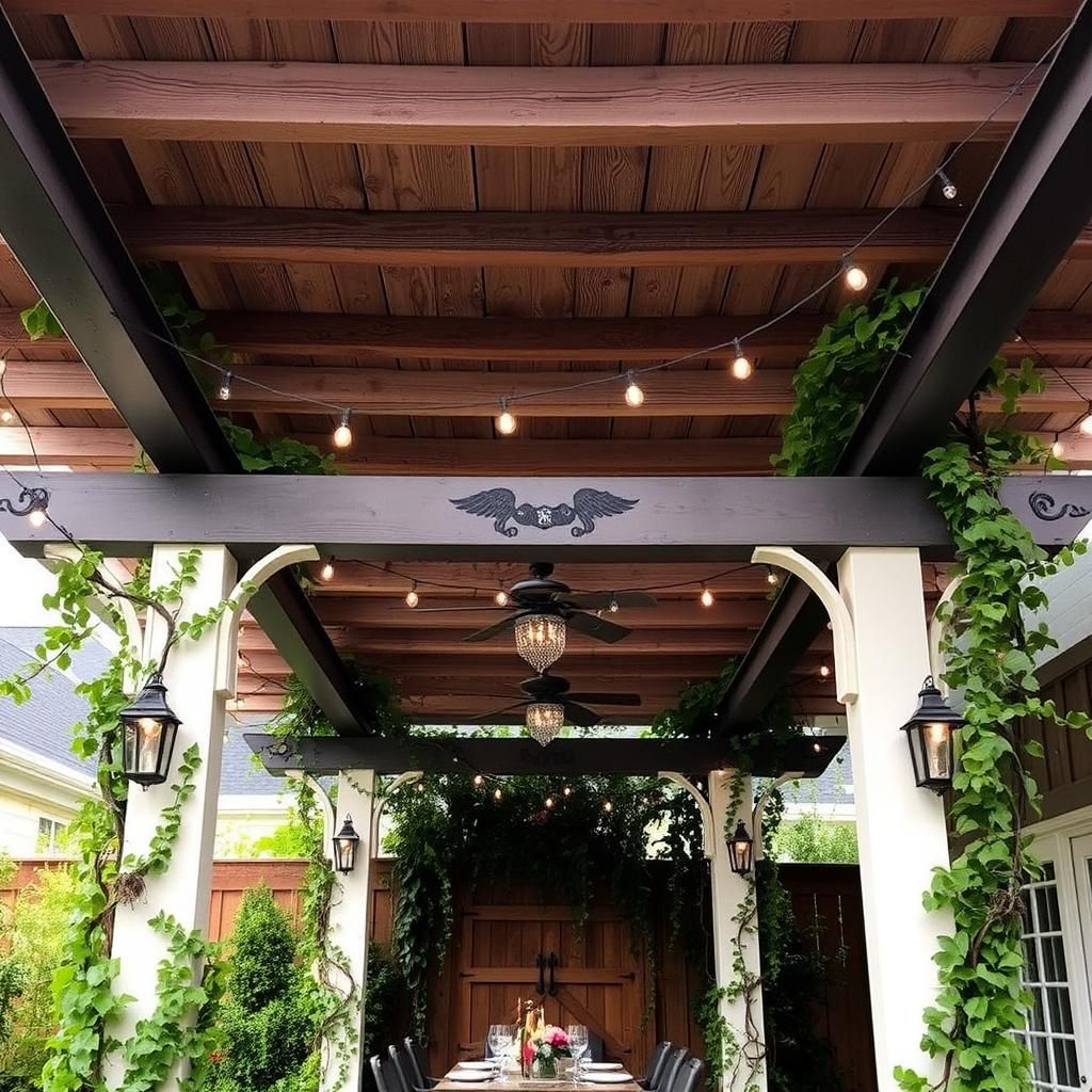 Steel frame pergola with weathered wood beams and climbing vines