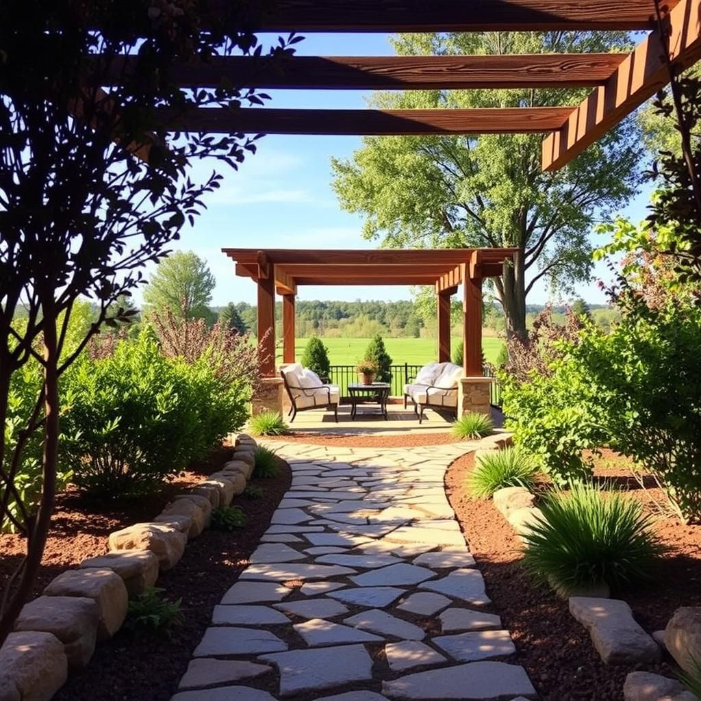 Stone pathway leading to a pergola with comfortable outdoor furniture