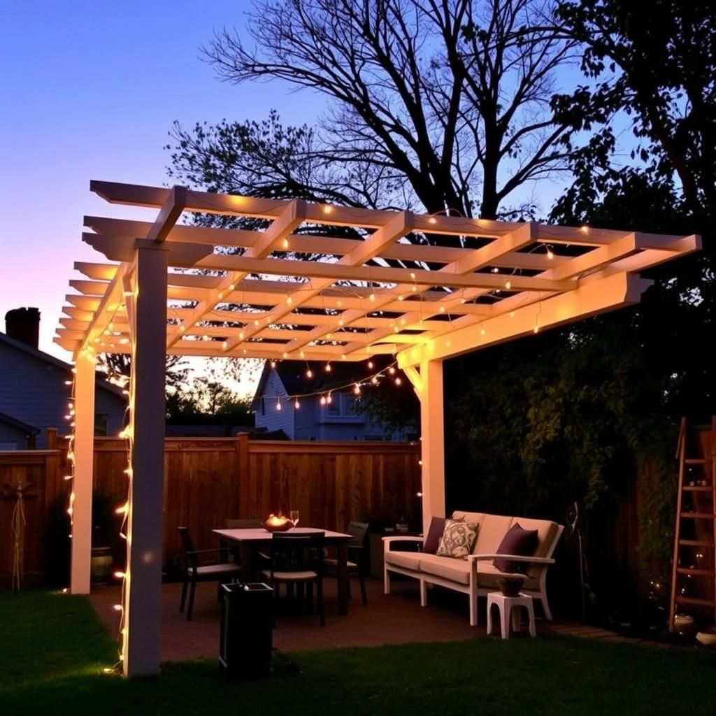 String lights illuminating a white pergola at night