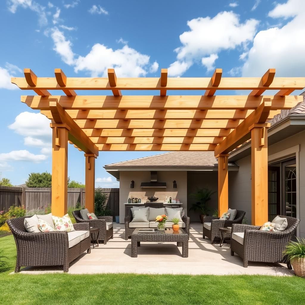 Natural Wood Pergola Ideas with Comfortable Outdoor Furniture