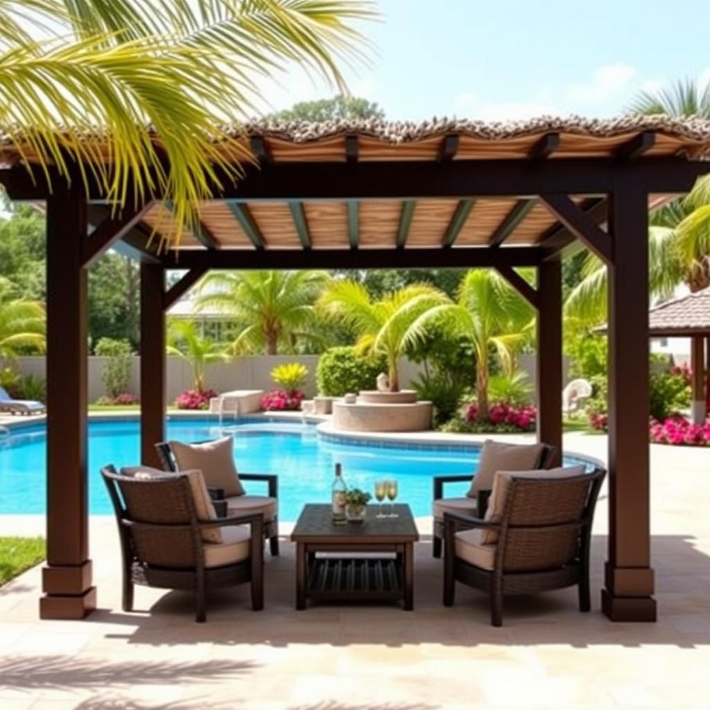 Tropical Pool Pergola with Lounge Area