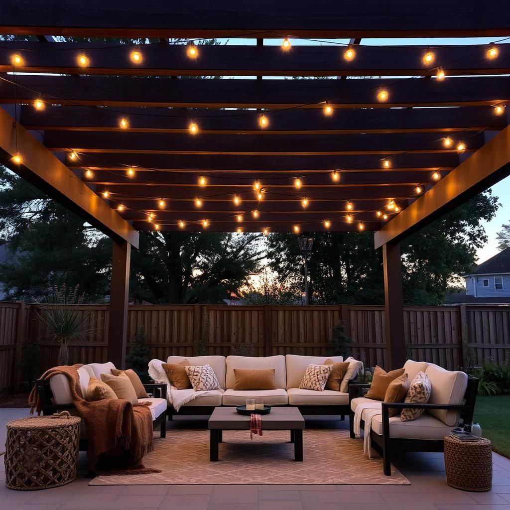 Tuscan pergola with comfortable seating and warm lighting