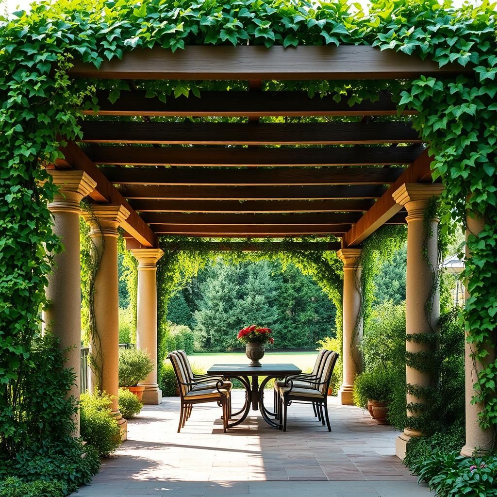 Tuscan pergola with lush greenery and a dining area