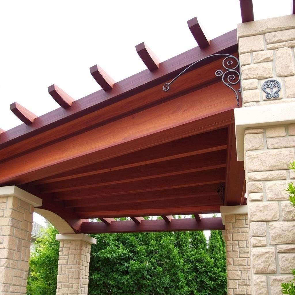 Tuscan pergola with stone columns and iron accents