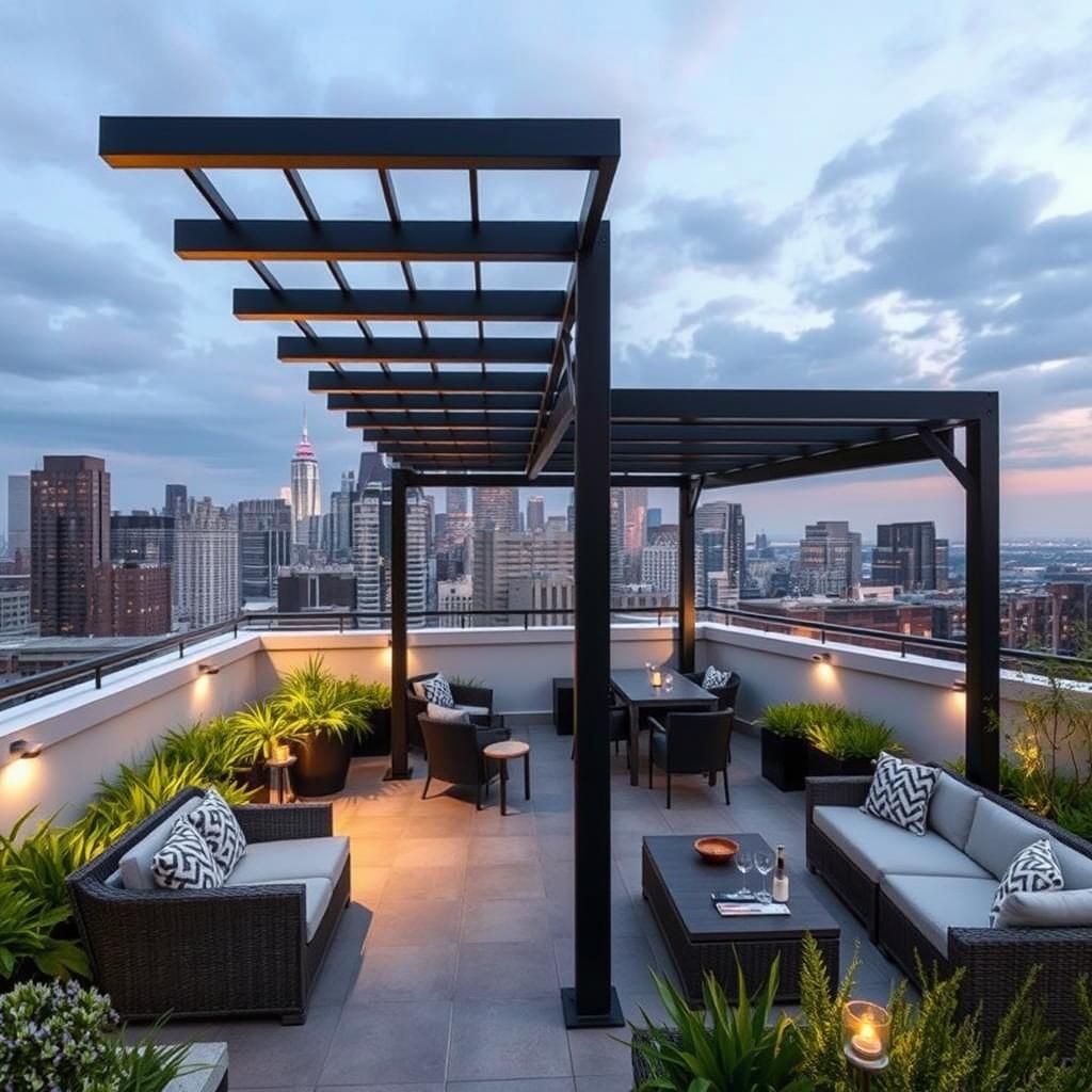 Urban rooftop terrace with minimalist steel frame pergola and city view