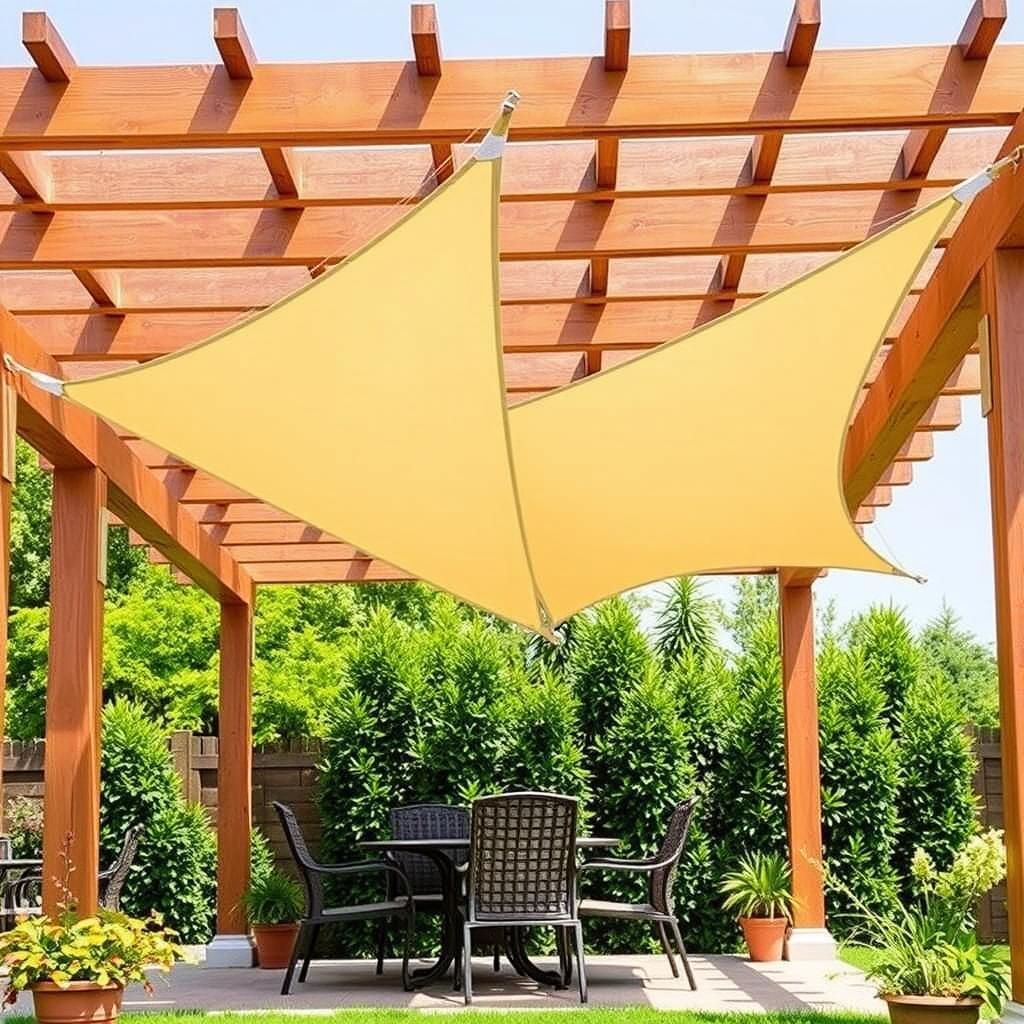 Waterproof shade sails over a pergola dining area