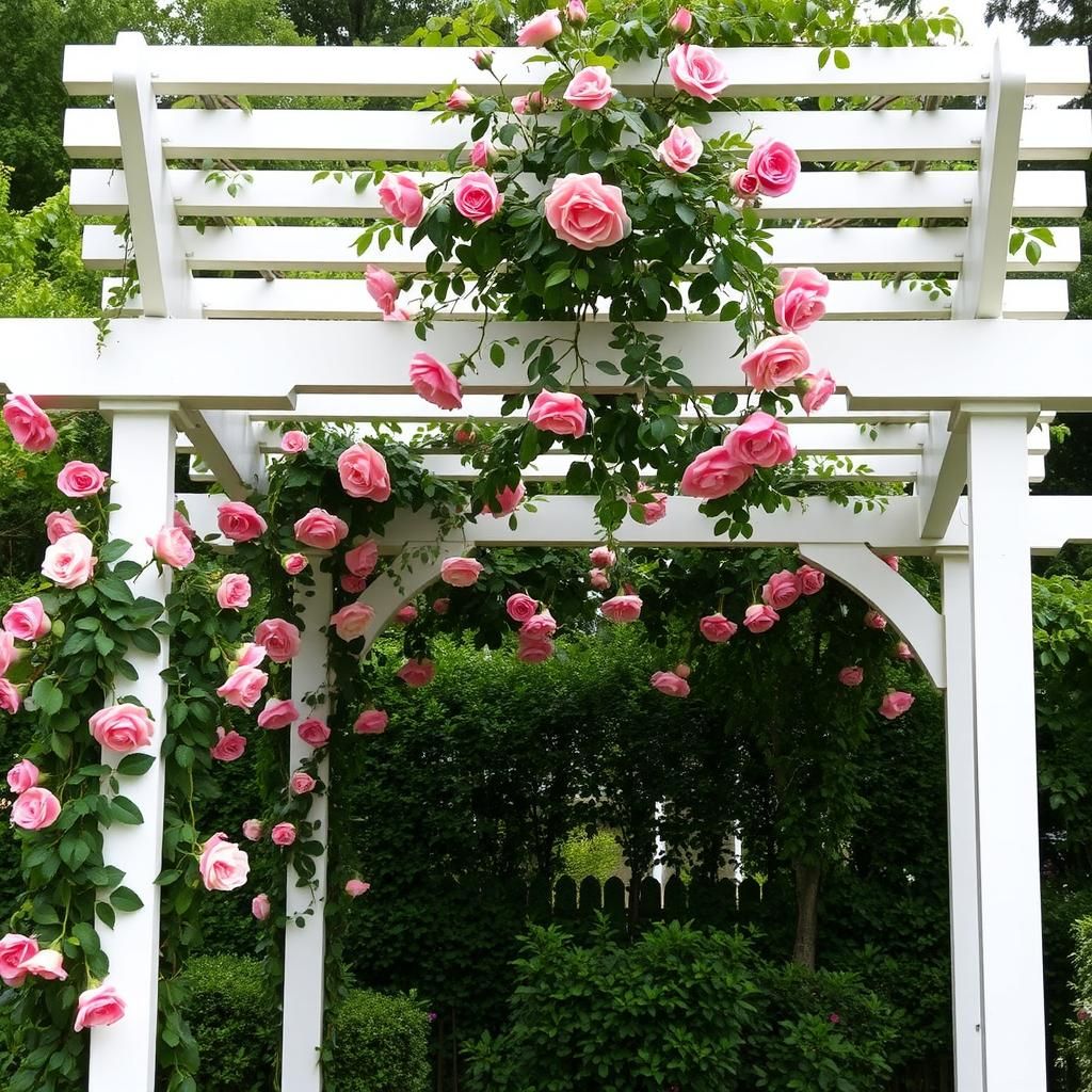 White pergola with climbing roses