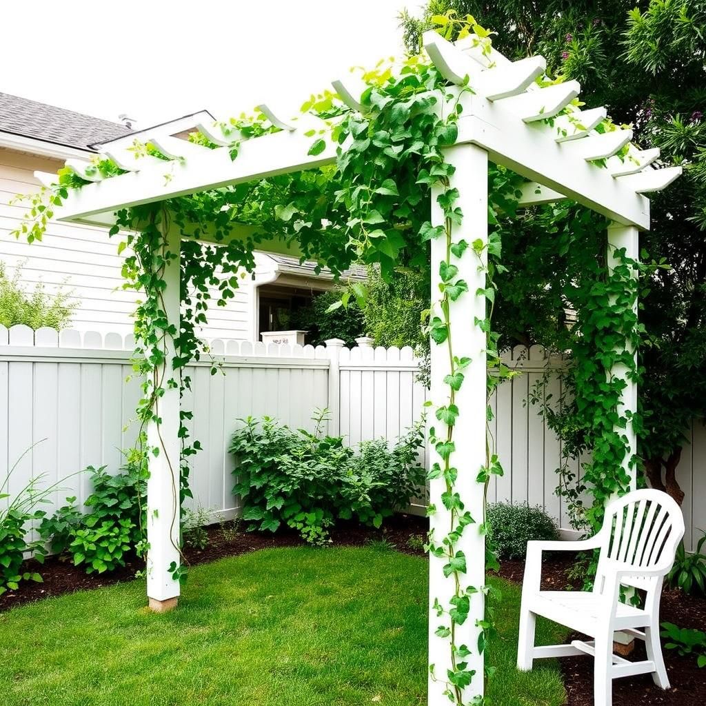 White pergola adorned with lush climbing vines in a small yard