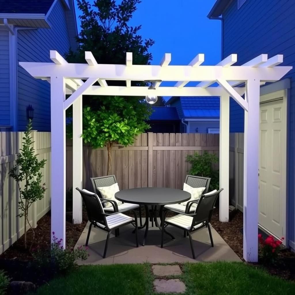 White pergola defining an outdoor dining area in a small yard