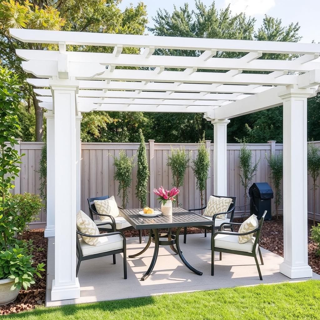 Outdoor furniture under a white pergola