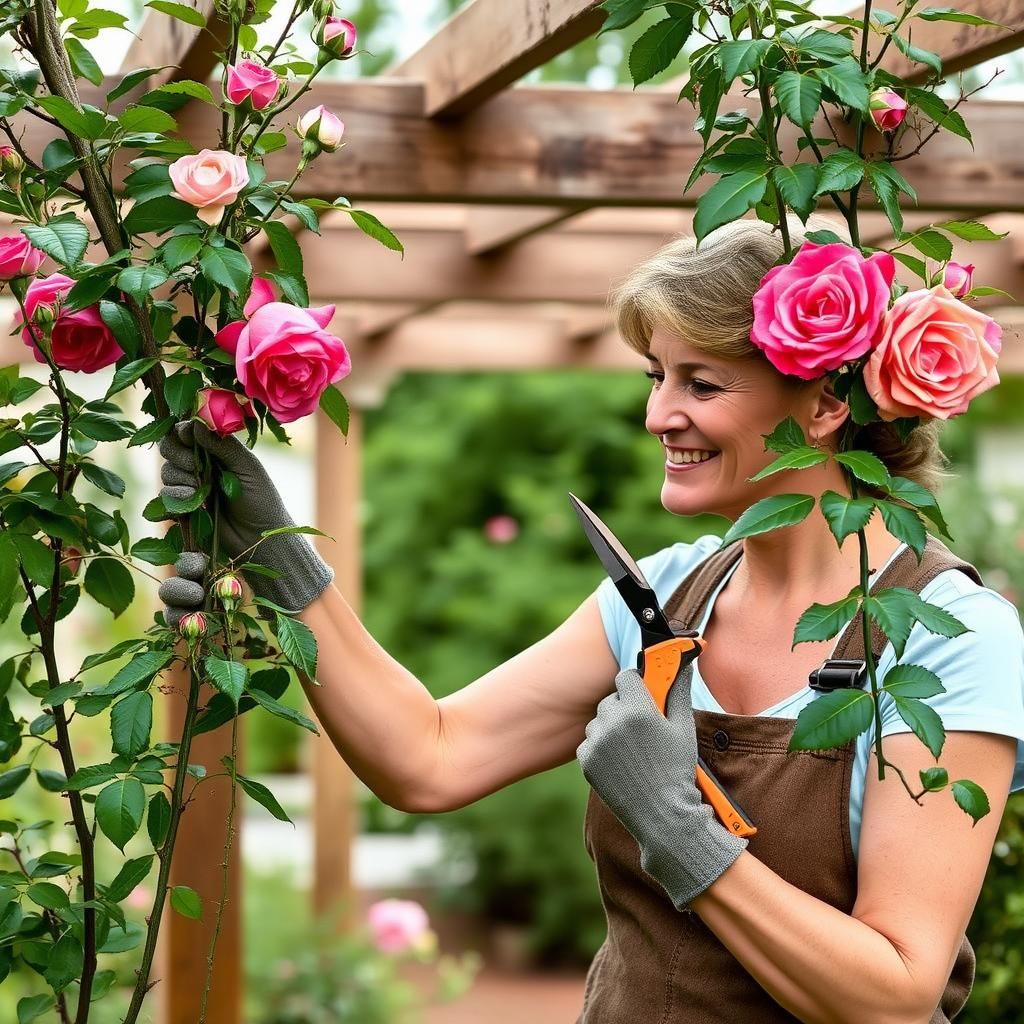 A gardener tending to her thriving pergola garden, pruning roses for optimal growth