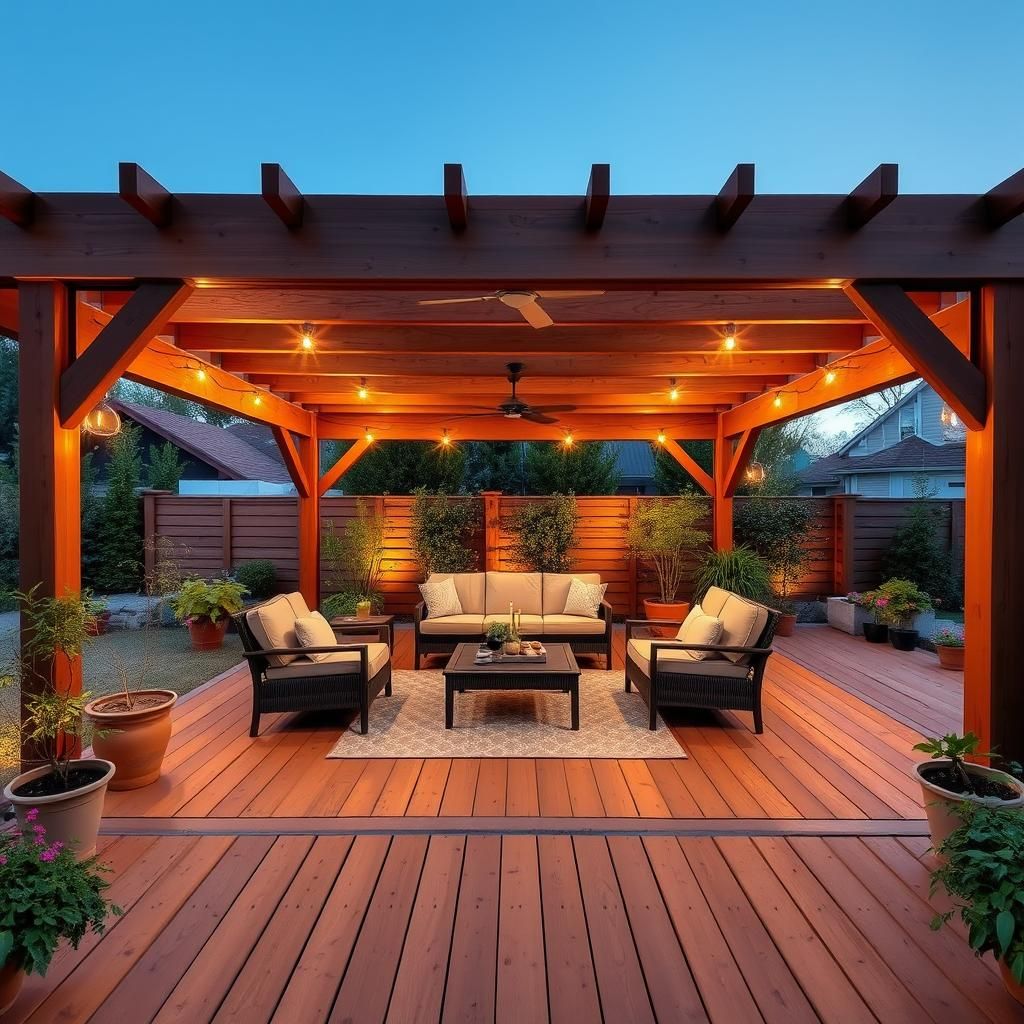 Wooden pergola flooring with comfortable outdoor furniture set