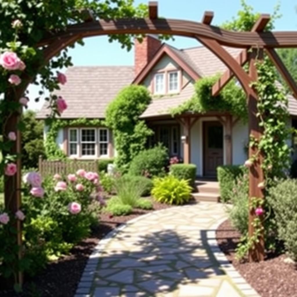 Wooden Arched Pergola Front Pathway