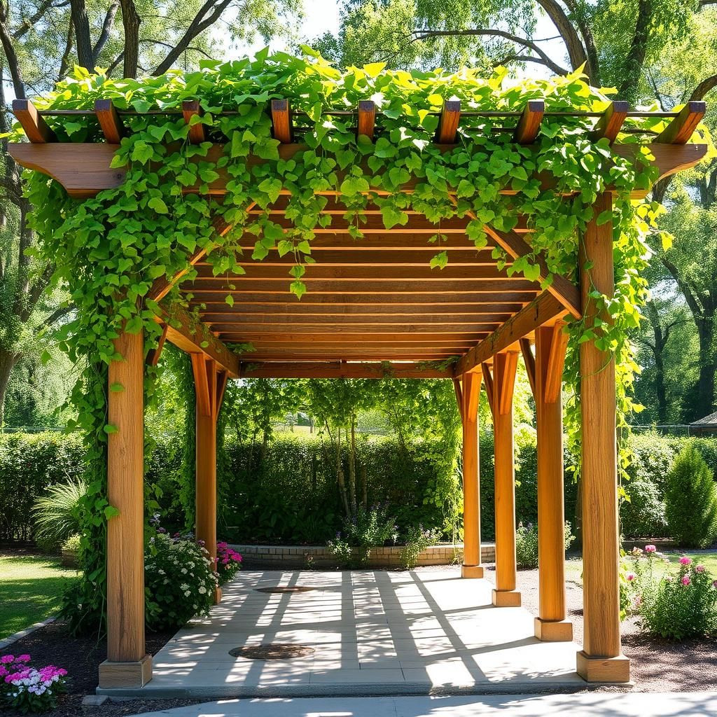 Traditional Wooden Pergola with Lush Greenery