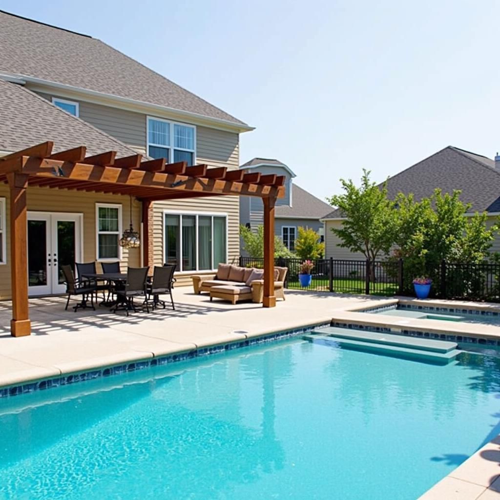 Pergola attached to the back of a house with a pool