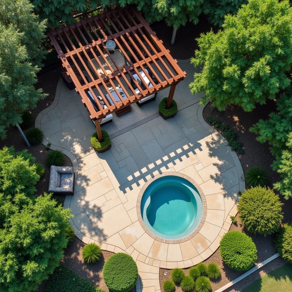 Backyard with pergola and hot tub