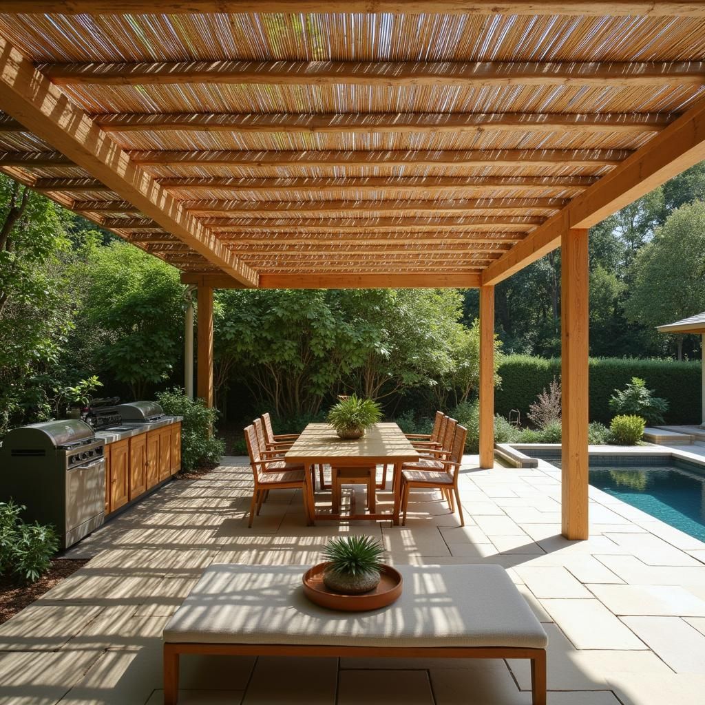 Pergola with bamboo roof creating dappled shade