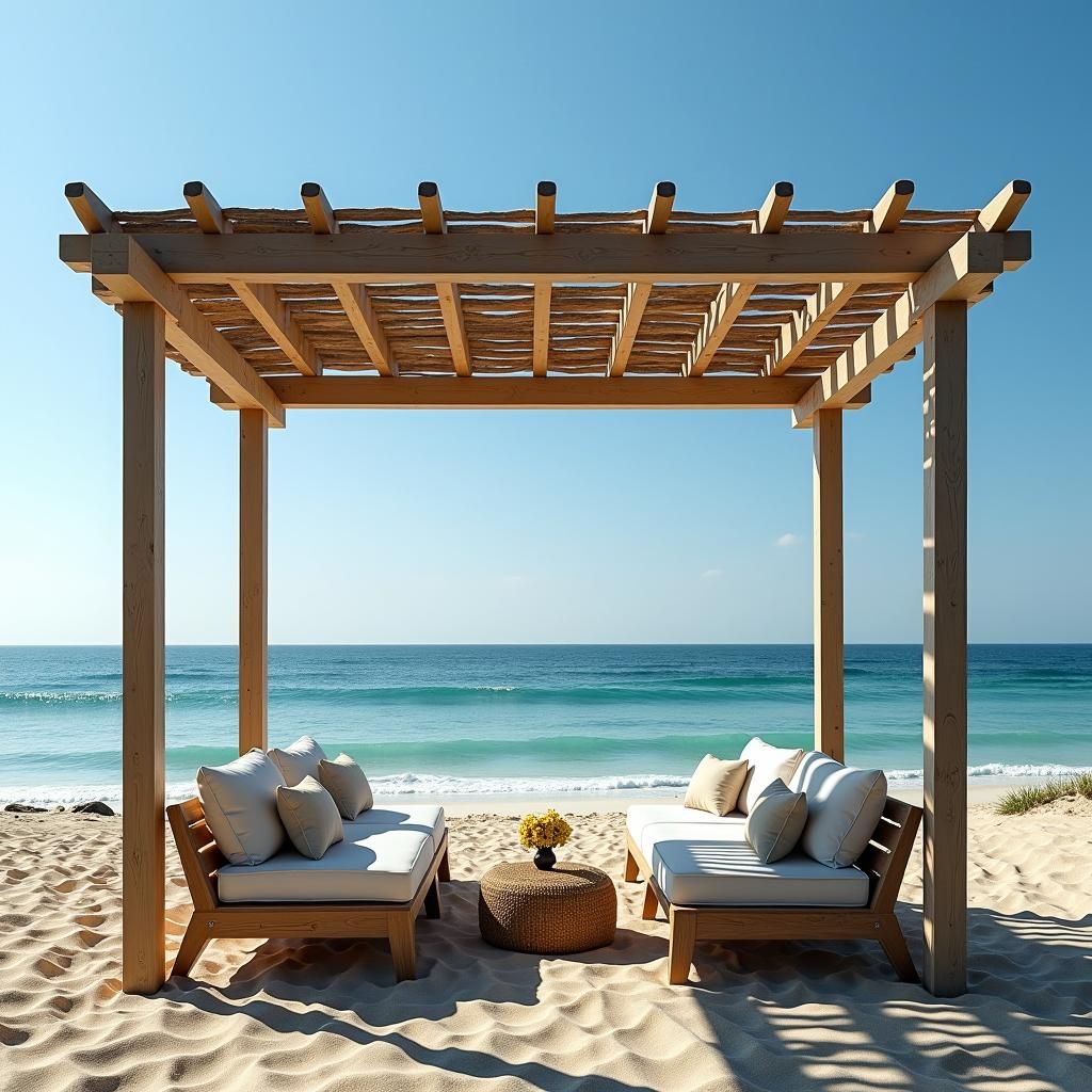 Beachfront pergola with lounge seating