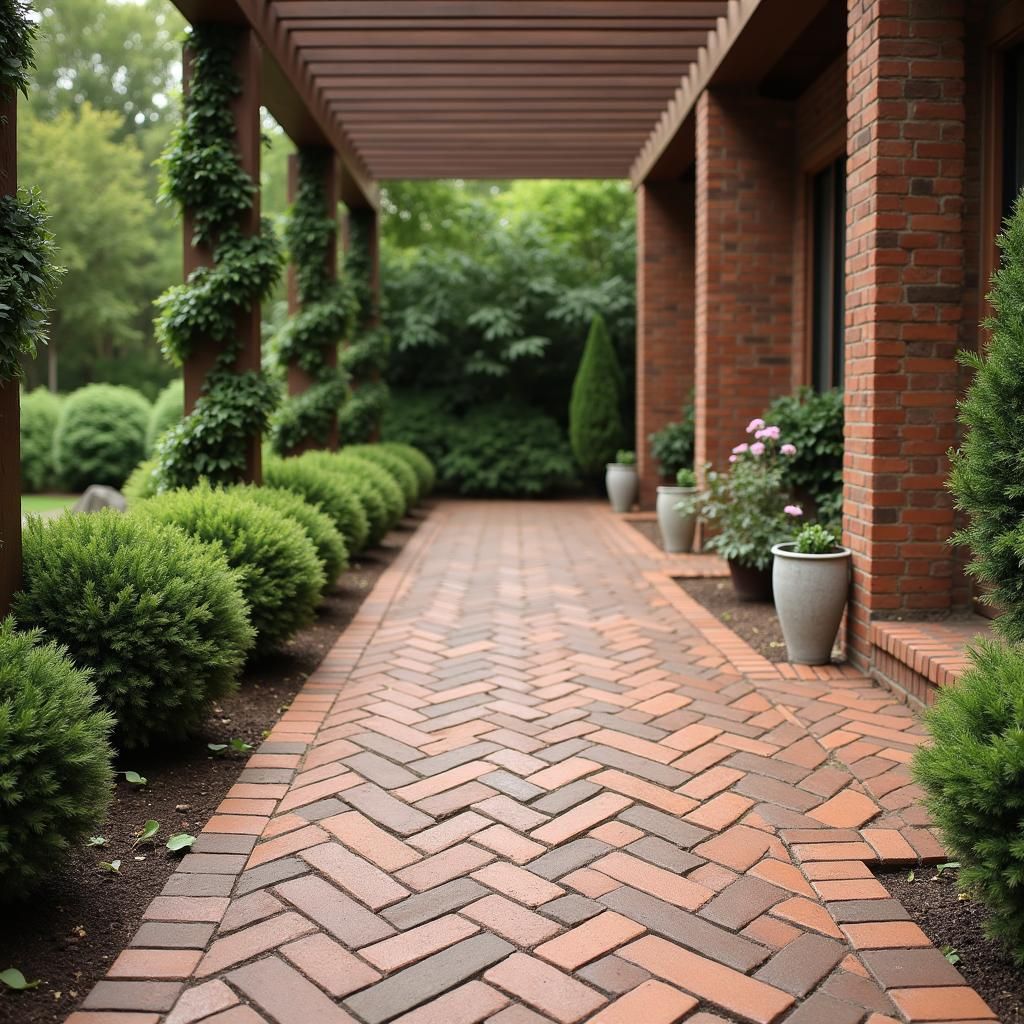 Brick pavers arranged in a herringbone pattern under a pergola