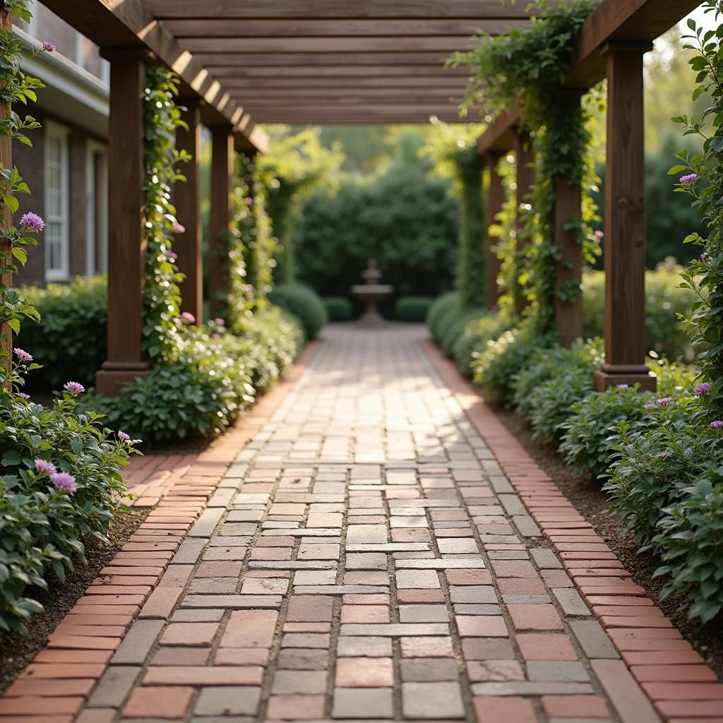 Brick pavers in a herringbone pattern under a pergola