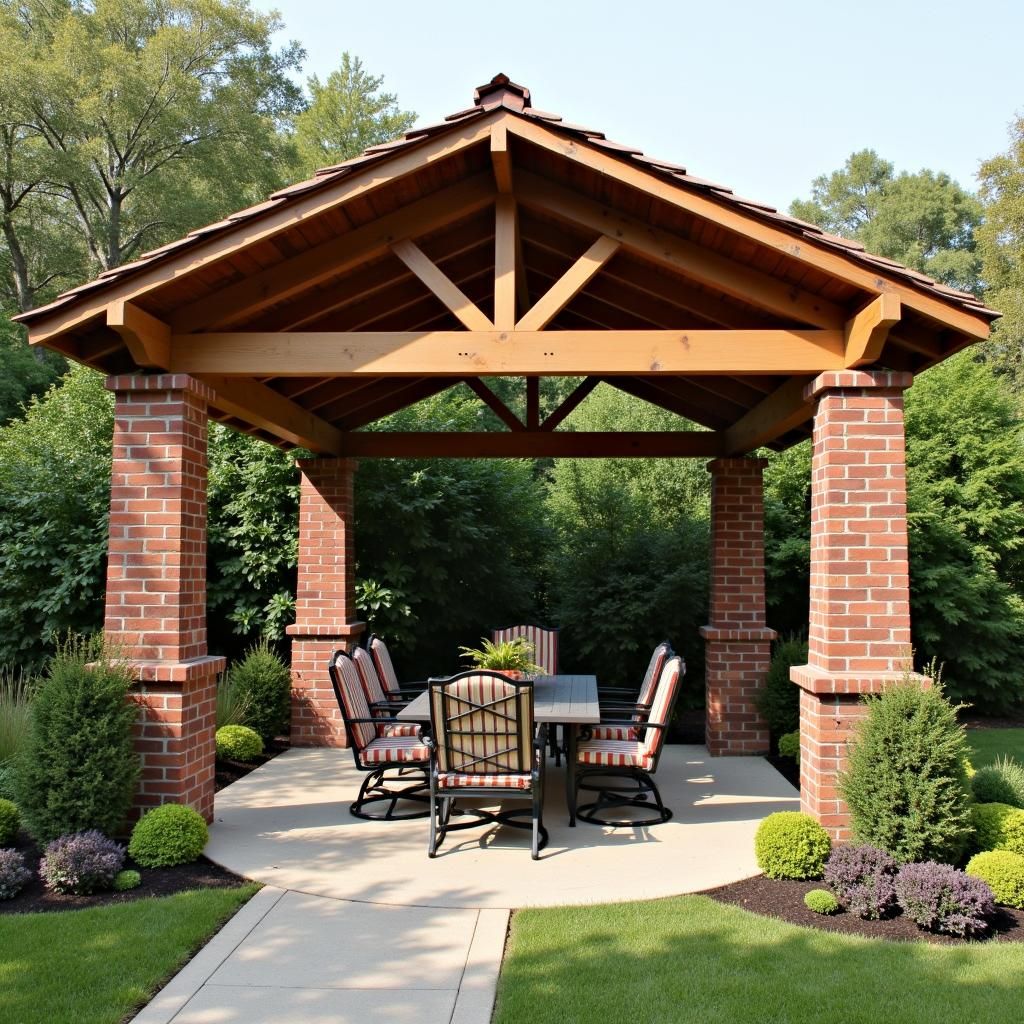 Brick pergola in a backyard garden