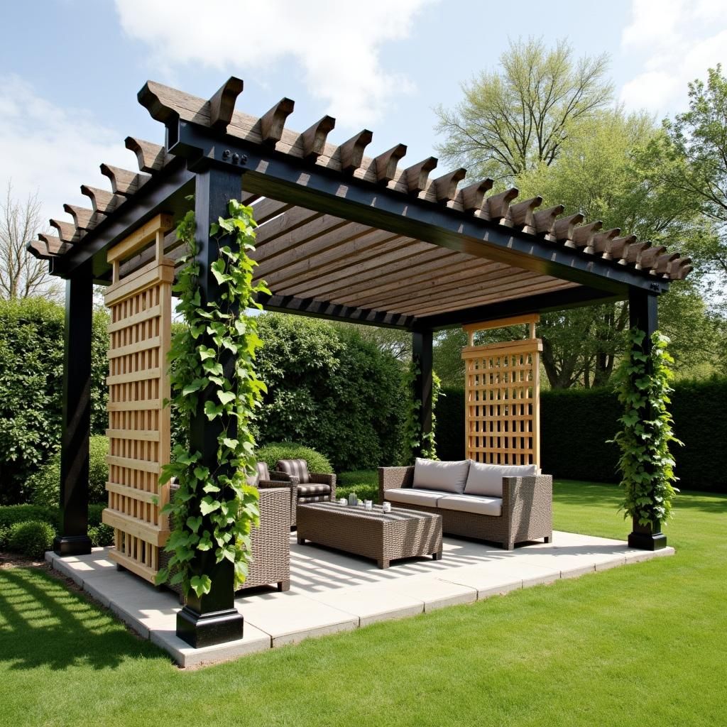 A finished double pitched roof pergola with decorative elements