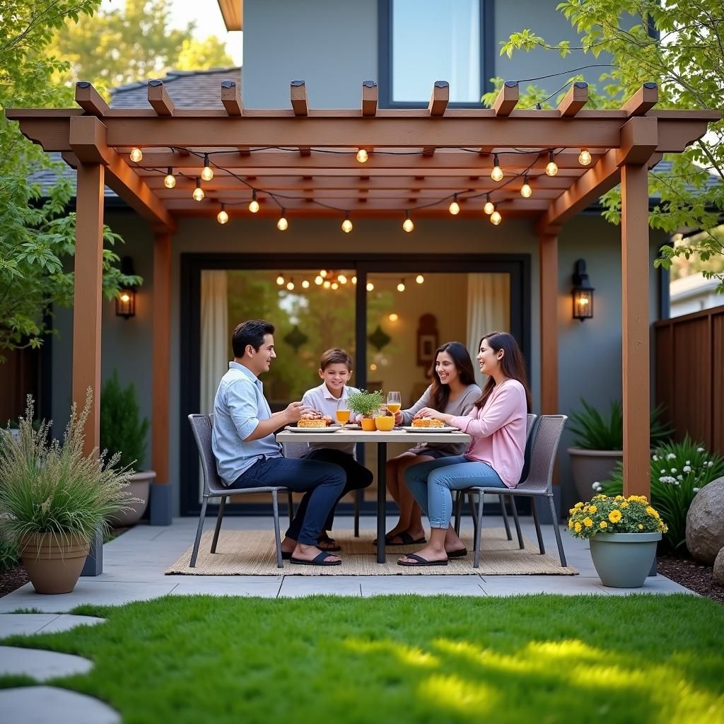 Family enjoying time under their new pergola