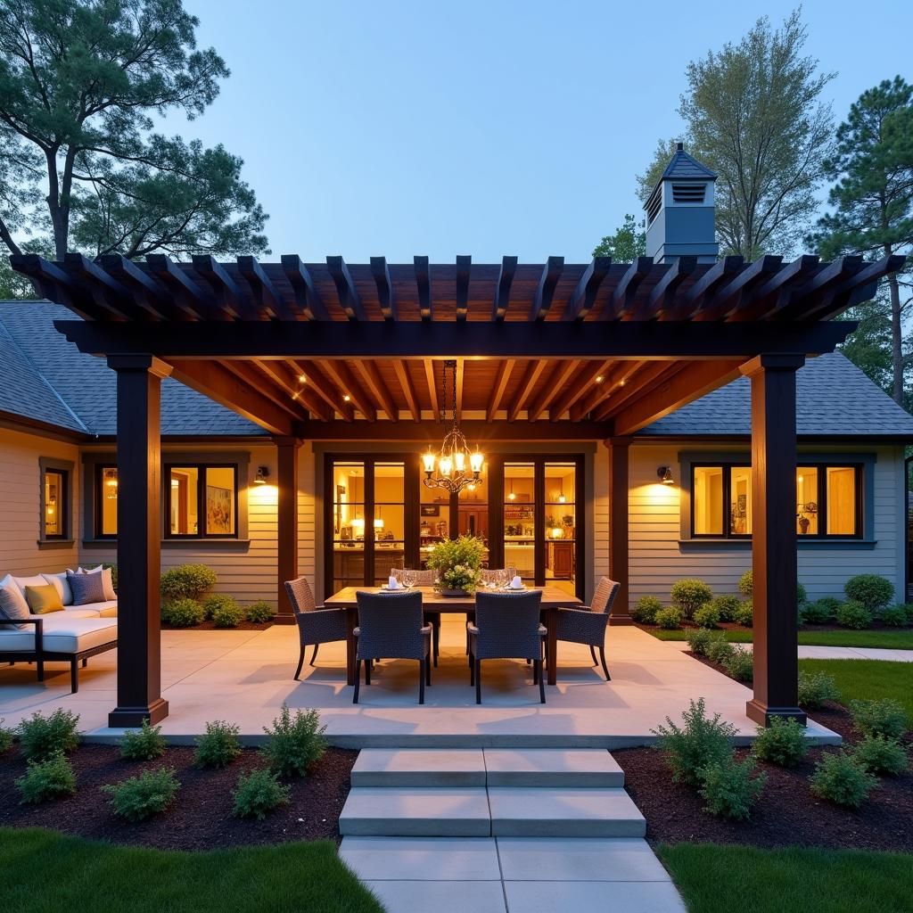 Outdoor dining under a fedora pergola