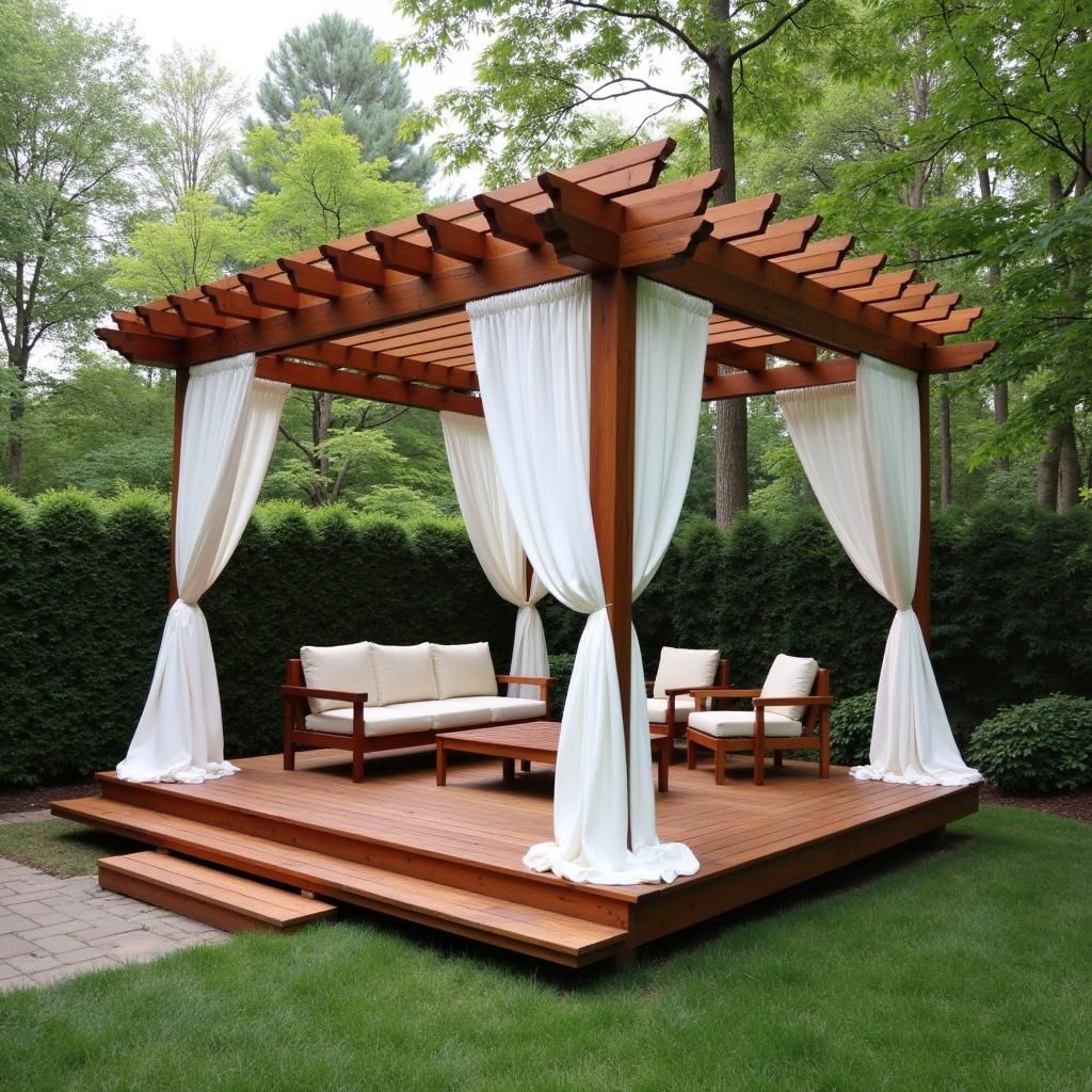 Floating deck with pergola in a backyard