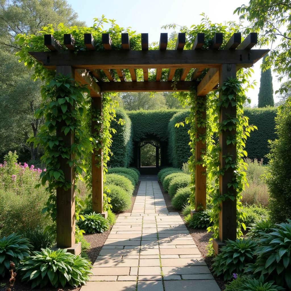 Freestanding pergola as a focal point in a garden setting