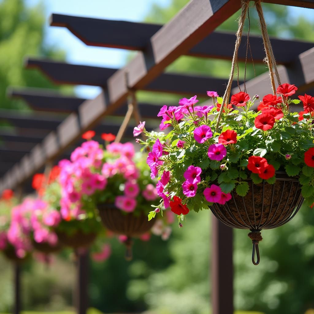 Hanging baskets overflowing with flowers