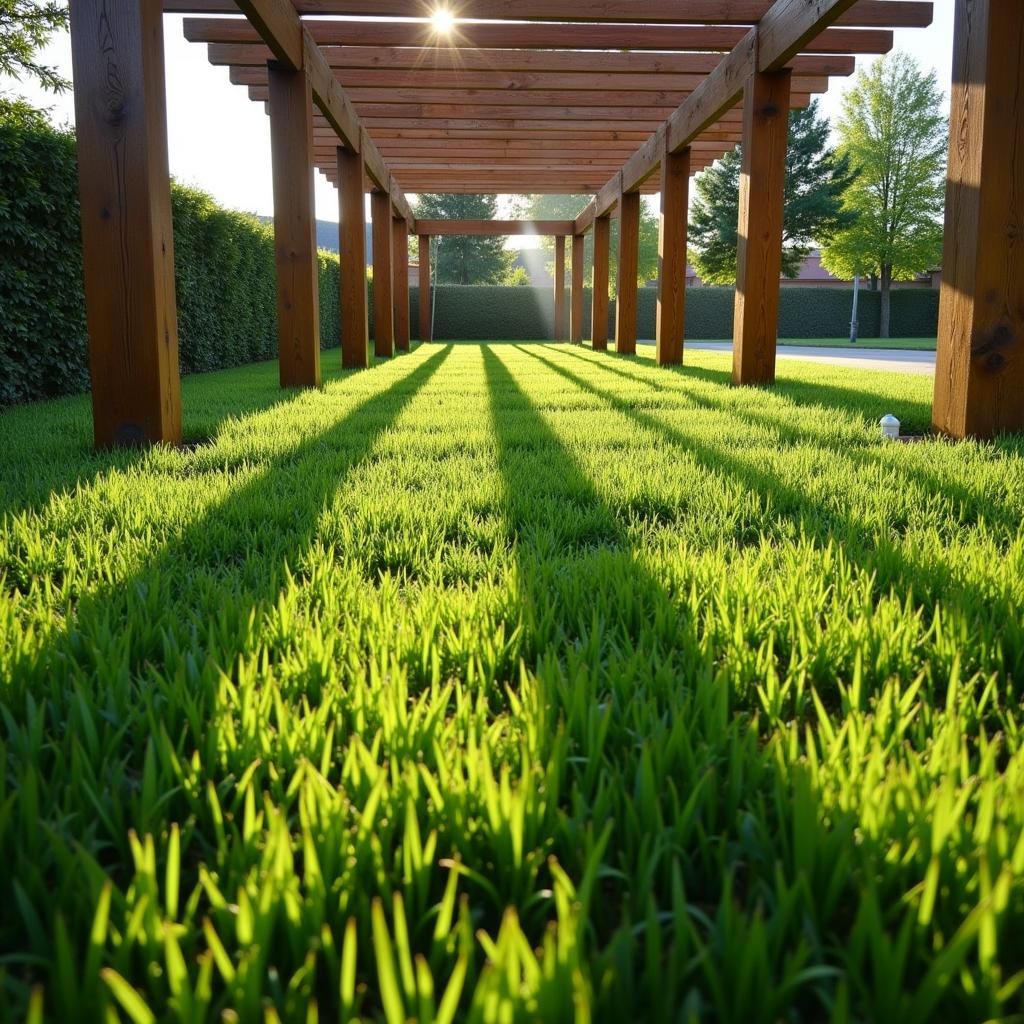 Lush green grass under a pergola