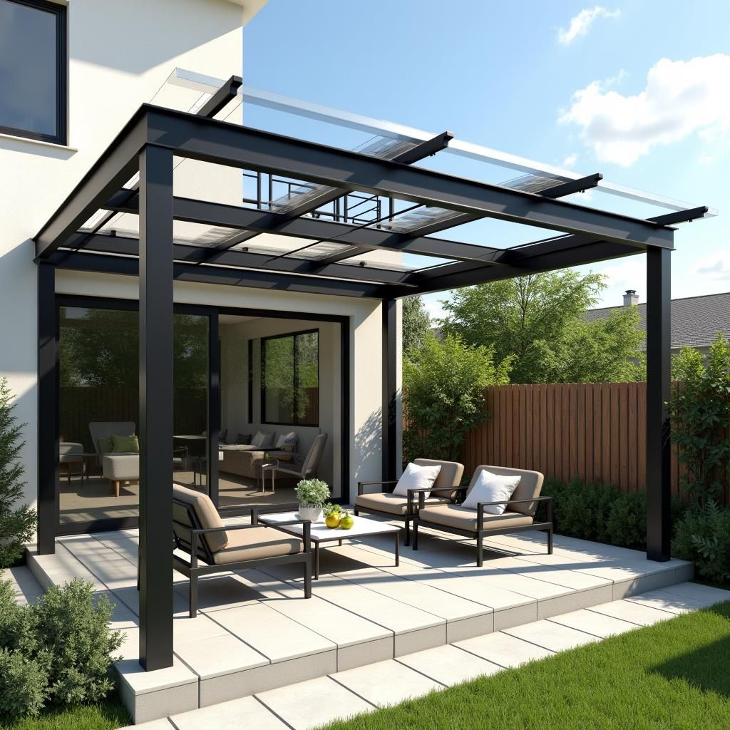 Modern metal arched pergola on a patio