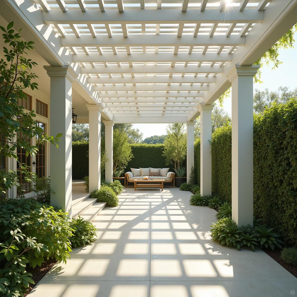 Open-roof pergola with dappled sunlight filtering through