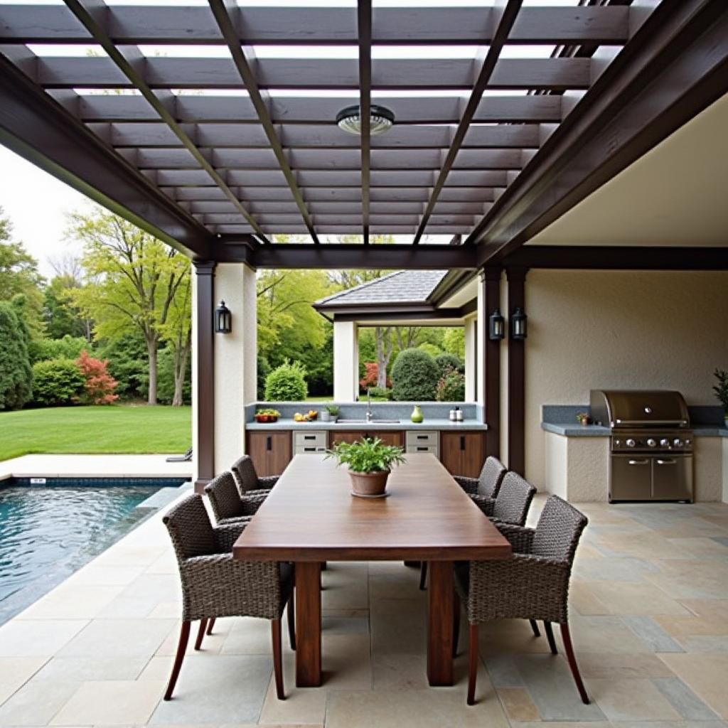 Outdoor dining area under pergola