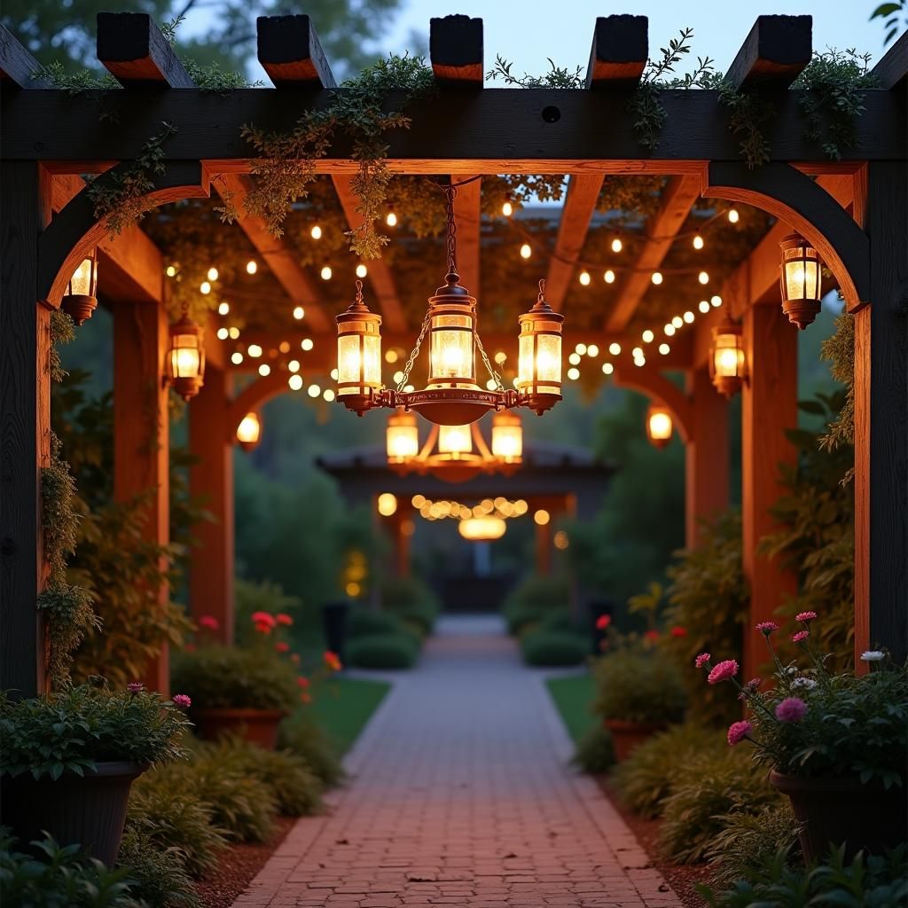 Pergola with hurricane lantern chandelier