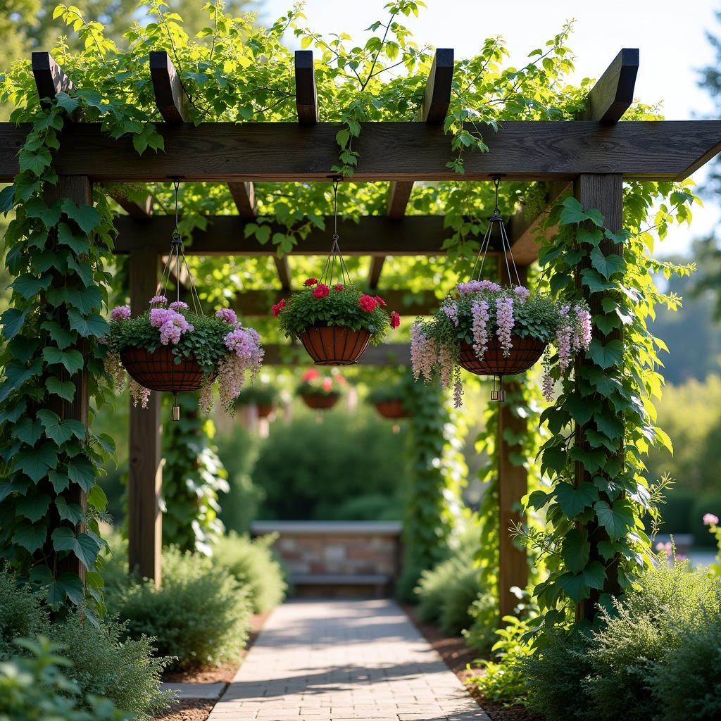 Pergola decorated with lush climbing plants