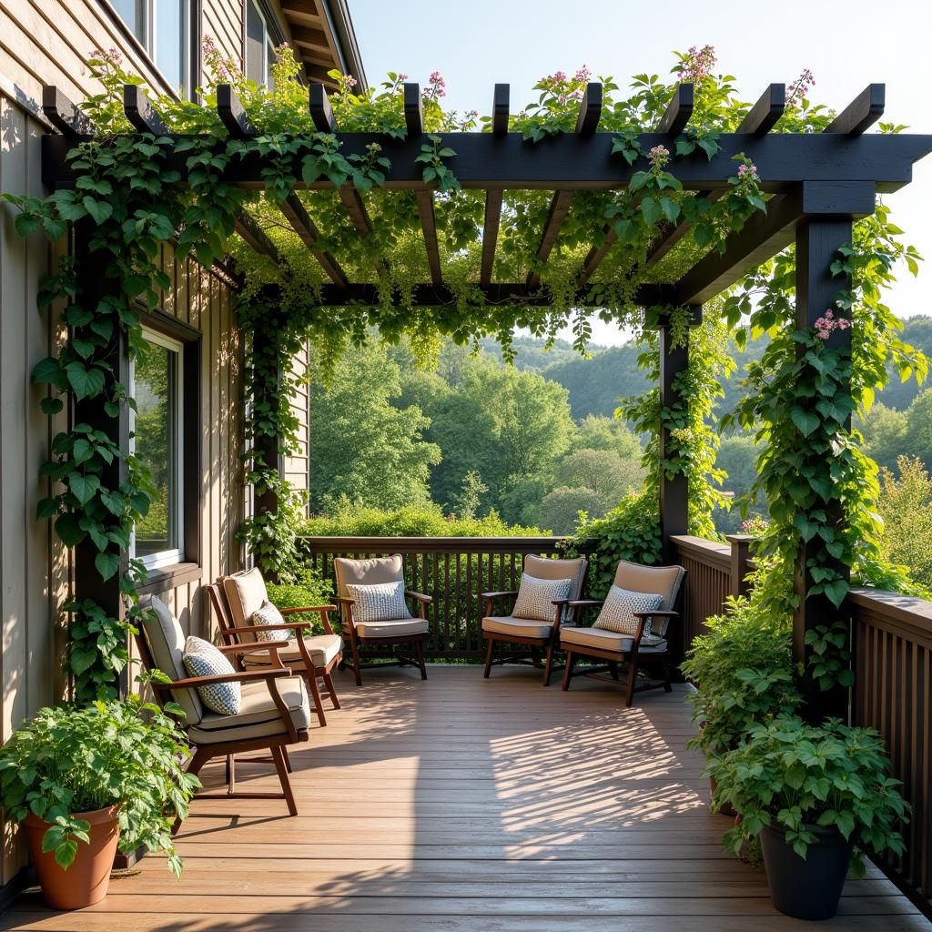 Pergola-covered deck with climbing plants