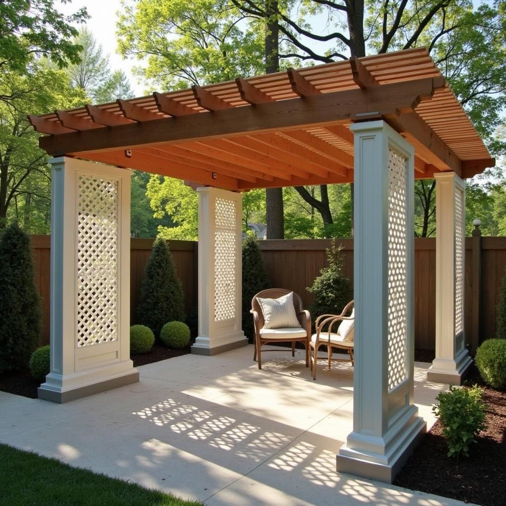 Pergola with lattice panels as windbreaks