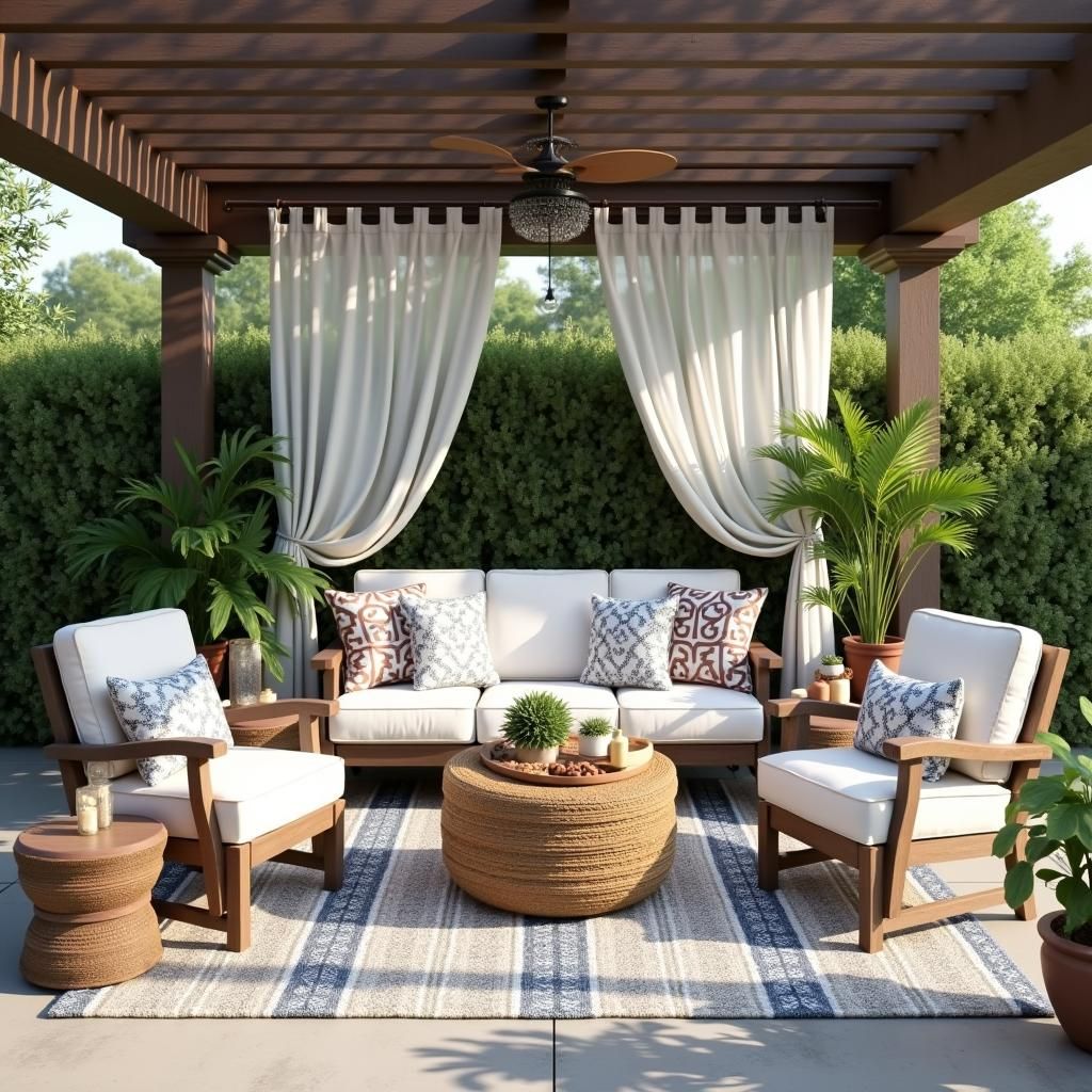 Cozy outdoor living space under a pergola