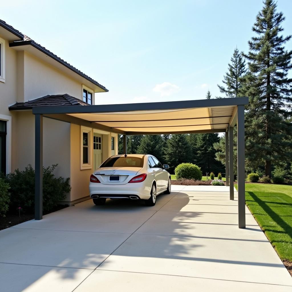 Pergola with retractable canopy used as a carport