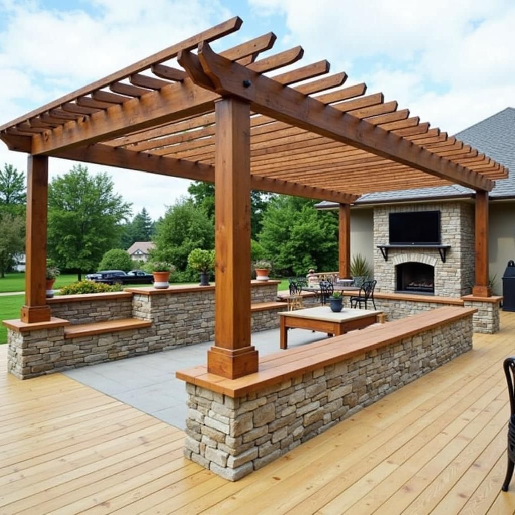 Pergola with built-in seating and planters